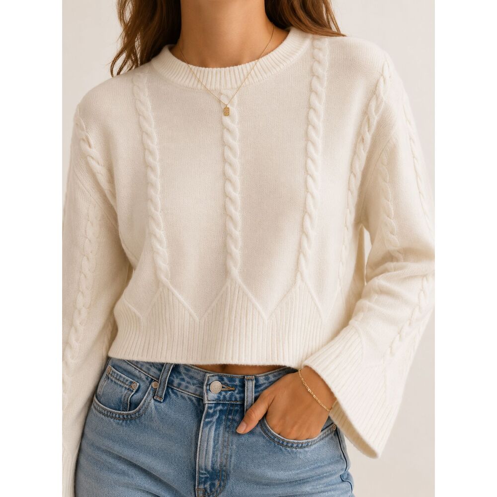 Marled Ivory Cable Knit Sweater Bell Sleeve Soft Cozy Cottagecore Boho Small‎
